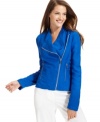 Calvin Klein's linen-blend jacket features sleek moto styling and an asymmetrical zippered front.