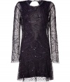 Boho-chic looks get a glamorous finish in Antik Batiks black bead and sequin embellished dress, detailed with sheer long sleeves for an alluring edge - Rounded neckline, long sleeves, cut-out back with button closure at nape, allover embellishment - Fitted - Wear with statement heels and a clutch for cocktails