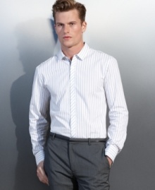 A sating stripe accents this shirt and infuses it with a sense of luxury and style. A sating stripe accents this shirt and infuses it with a sense of luxury and style.