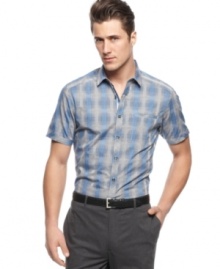 Hit your weekend stride at work on Friday with this versatile short-sleeved plaid shirt from INC International Concepts.