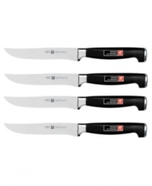 Fine steaks, the finest knives - the perfect recipe for an impressive gourmet dinner. Forged for precise slicing, each knife features an exclusive handle that's permanently bonded to the knife, providing impeccable weight and balance. The hand-honed blade, made of exclusive high-carbon no-stain steel, is razor-sharp with a cutting edge that's stays stronger, longer. Full warranty. Fine steaks, the finest knives - the perfect recipe for an impressive gourmet dinner. Forged for precise slicing, each knife features an exclusive handle that's permanently bonded to the knife, providing impeccable weight and balance. The hand-honed blade, made of exclusive high-carbon no-stain steel, is razor-sharp with a cutting edge that's stays stronger, longer. Full warranty.