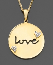 Wear a token of affection. This 14k gold pendant features a round pendant with Love cutout and round-cut diamond accents. Approximate length 16 inches. Approximate drop: 3/4 inches. Wear a token of affection. This 14k gold pendant features a round pendant with Love cutout and round-cut diamond accents. Approximate length 16 inches. Approximate drop: 3/4 inches.