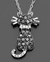 Purr-fectly marvelous! This cat pendant is sparkling with feline splendor. Features round-cut black diamonds (1/3 ct. t.w.) and white diamond accents. Chain and setting crafted in 14k white gold. Approximate length: 16 inches. Approximate drop: 3/4 inch.