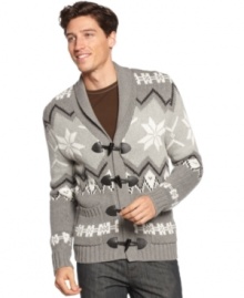 Modernize your classic preppy style with this print shawl-collar cardigan from INC International Concepts. Modernize your classic preppy style with this print shawl-collar cardigan from INC International Concepts.
