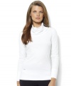 Lauren Ralph Lauren's  soft, lightweight French terry pullover features a comfortable funnelneck collar with sporty stripes to complete your active look.