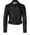 With sleek biker-inspired styling, this sumptuous textural leather jacket from Burberry Brit adds urbane-cool to your new-season looks - Spread collar, long sleeves with zippered tabbed cuffs, quilted shoulders, off-center front zip closure, zippered slit pockets, belted side tabs - Form-fitting - Wear with a cashmere pullover, skinnies and biker boots