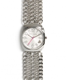 Unchain your heart and fall in love with this sweet and sexy watch by Betsey Johnson. Stainless steel multichain bracelet and cushion-shaped case. Textured white dial features applied silver tone numerals, heart marker at four o'clock, silver tone hour and minute hands, signature fuchsia second hand and logo. Quartz movement. Water resistant to 30 meters. Two-year limited warranty.