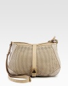 Perforated leather pairs with buttery suede in this slouchy crossbody silhouette.Adjustable crossbody strap, 20-23 dropFlap-lock over top-zip closureOne inside zip pocketTwo inside open pocketsCotton lining15½W X 11H X 2¾DMade in Italy