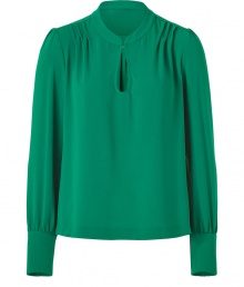 Channel seventies style in this chic tunic top from Tara Jarmon - Stand collar, long puckered sleeves with large button cuffs, pleating at shoulders, front keyhole opening with hook-and-eye closure, pleated back yoke, billowy silhouette - Style with a pencil skirt, cropped trousers, or high-waist jeans