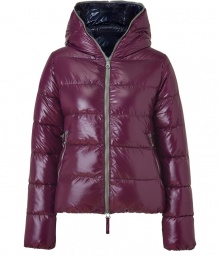 A sleek outer shell and vibrant contrast lining lend this Duvetica down jacket its sporty and stylish edge - In a lighter weight, wind- and water-resistant bordeaux polyamide with grey trim - Slim cut tapers through waist and fits close to the body for extra warmth - Full zip, hood and oversize diagonal zippered pockets at front - Perfect for cold weather casual looks - Pair with denim, leggings and cords