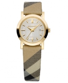 This Burberry watch features a Haymarket printed leather strap and round goldtone ion-plated stainless steel case. Etched champagne dial with goldtone stick indices, logo and date window. Swiss made. Swiss movement. Water resistant to 50 meters. Two-year limited warranty.