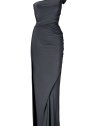 Super flattering and equally exquisite, Donna Karans modern draped evening gown guarantees a glamorous feminine finish to your contemporary evening look - Draped neckline, draped short sleeve, double layered strap detail, contoured gathered back seam, asymmetrical cut, deep side slit - Floor-length, form-fitting silhouette - Wear with shimmering fine jewelry and statement accessories