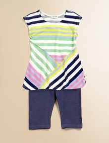 An asymmetrically striped tunic meets a plush pair of matching leggings for a vivid, eye-catching ensemble.Round necklineShort sleevesPullover styleElastic waist50% pima cotton/50% modalMachine washMade in USA An asymmetrically striped tunic meets a plush pair of matching leggings for a vivid, eye-catching ensemble.Round necklineShort sleevesPullover styleElastic waist50% pima cotton/50% modalMachine washMade in USA