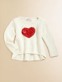 A cute, cozy knit gets a lovely update with a bold heart appliqué.Round necklineLong sleevesPullover styleHi-lo hemRayon/CottonHand washImported A cute, cozy knit gets a lovely update with a bold heart appliqué.Round necklineLong sleevesPullover styleHi-lo hemRayon/CottonHand washImported