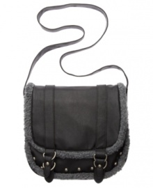 Think cool, look cool: with faux fur trim and metal studs, this sherpa-inspired bag melds adventure chic and downtown edge in one trendy crossbody saddle bag. Think cool, look cool: with faux fur trim and metal studs, this sherpa-inspired bag melds adventure chic and downtown edge in one trendy crossbody saddle bag.