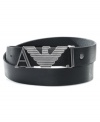 Back in black.  Get a denim upgrade with this Armani log belt.