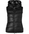 Sporty and sleek, this wool-cashmere down vest from Duvetica is a cold weather must-have - Hood with decorative zipper trim, dual-zip front closure, sleeveless, zip pockets, quilted - Slim fit - Wear with an oversized pullover leather leggings or skinny jeans, and booties