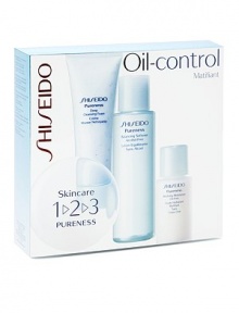 An introductory kit of Shiseido's Pureness oil-control cleansing foam, softener, and moisturizer. Shiseido's Pureness is designed to combat excess oil secretion and lower moisture levels to stop the reoccurring cycle of blemishes, enlarged pores, shiny T-zone and rough dry surface. This three-step daily oil-control regimen includes 2.8 oz. Deep Cleansing Foam, 3.3 oz. Balancing Softener, and 1 oz. Matifying Moisturizer Oil-Free. An introductory kit of Shiseido's Pureness oil-control cleansing foam, softener, and moisturizer. Shiseido's Pureness is designed to combat excess oil secretion and lower moisture levels to stop the reoccurring cycle of blemishes, enlarged pores, shiny T-zone and rough dry surface. This three-step daily oil-control regimen includes 2.8 oz. Deep Cleansing Foam, 3.3 oz. Balancing Softener, and 1 oz. Matifying Moisturizer Oil-Free.