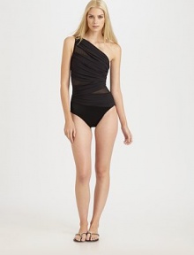A one-shoulder style with sexy mesh details. The elegant draping creates a slimmer-looking waist and Miratex® fabric firms and shapes.One-shoulder styleShelf braDraping creates a slimmer silhouetteFully linedFront: 82% nylon/18% Lycra®; back: 69% nylon/31% Lycra®Hand washImported A one-shoulder style with sexy mesh details. The elegant draping creates a slimmer-looking waist and Miratex® fabric firms and shapes.One-shoulder styleShelf braDraping creates a slimmer silhouetteFully linedFront: 82% nylon/18% Lycra®; back: 69% nylon/31% Lycra®Hand washImported