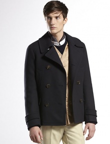 Classic wool peacoat with detachable lining and velvet detail under the collar.Double-breastedCotton piping on the insideFront flap pockets and front vertical pocketsAttached back beltAbout 28.7 longWoolDry cleanMade in Italy Classic wool peacoat with detachable lining and velvet detail under the collar.Double-breastedCotton piping on the insideFront flap pockets and front vertical pocketsAttached back beltAbout 28.7 longWoolDry cleanMade in Italy