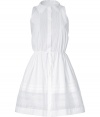 Lovely white corded sleeveless dress from Ermanno Scervino - Add feminine whimsy to a day look or date night ensemble with this sweet dress - Sleeveless, folded collar, pintuck front detail, front button packet, tie detail at waist, full skirt with embroidered detail - Pair with a shawl cardigan, wedge pumps, and a shopper tote