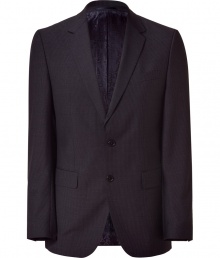 Inject urbane sophistication to your workweek style with this luxe wool pinstripe blazer from Baldessarini - Notched lapels, two-button closure, single chest pocket and two waist flap pockets, slim fit, pinstripe print - Style with matching pants, a printed button down, and classic lace up brogues