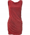 Shimmer into cocktail hour with a dusting of metallic luster in Jay Ahrs eye-catching metallic red dress - Softly draped neckline in front, deeply draped in the back, sleeveless, form-fitting, mini-length - Pair with ankle boots or strappy sandals and a statement clutch