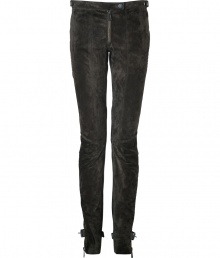 The classic biker pants get a high-style makeover with this unbelievably luxe pair from British heritage brand Belstaff - Snap front and detailed waistband, exposed zip fly, back welt pockets with zip, slim leg, seaming details, zip cuffs with belt detail - Style with a fitted top, platform booties, and a signature leather purse