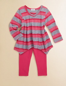 A striped tunic with an asymmetrical hem sits atop a pair of matching leggings for a pretty ensemble. Tunic V-neckLong sleevesPullover stylePrincess seamsAsymmetrical hem Leggings Elastic waistband68% polyester/32% cottonMachine washImported A striped tunic with an asymmetrical hem sits atop a pair of matching leggings for a pretty ensemble. Tunic V-neckLong sleevesPullover stylePrincess seamsAsymmetrical hem Leggings Elastic waistband68% polyester/32% cottonMachine washImported