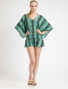 This pull-on style with a bold animal print is complemented by a flattering dropped drawstring waist.V-neckKimono sleevesSelf-tieCord endsDropped waist84% polyamide/16% elastaneHand washImported This pull-on style with a bold animal print is complemented by a flattering dropped drawstring waist.V-neckKimono sleevesSelf-tieCord endsDropped waist84% polyamide/16% elastaneHand washImported