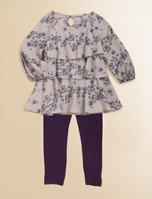 A sweet, tiered floral design on silky rayon is gracefully shaped and paired with leggings.Rounded neckline Keyhole button back close Long sleeves with elasticized cuffs Tiered front, plain back Solid leggings with elastic waist Rayon Machine wash Imported A sweet, tiered floral design on silky rayon is gracefully shaped and paired with leggings.Rounded neckline Keyhole button back close Long sleeves with elasticized cuffs Tiered front, plain back Solid leggings with elastic waist Rayon Machine wash Imported