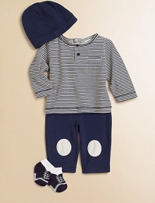 Four-piece gift set includes one striped Henley top, matching pants with knee patches, cozy hat with elastic brim and socks. Shirt CrewneckLong sleevesBack snapsPatch pocket Pants Elastic waistbandCottonMachine washImported Please note: Number of buttons may vary depending on size ordered. 