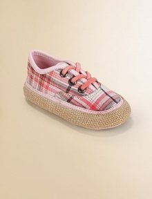 This bright plaid design has a lace-up look but slips on with ease, plus rustic espadrille-look trim.Cotton canvas upperFaux lace-up front with elastic lacesLeather liningLeather sole with jute trimImported This bright plaid design has a lace-up look but slips on with ease, plus rustic espadrille-look trim.Cotton canvas upperFaux lace-up front with elastic lacesLeather liningLeather sole with jute trimImported