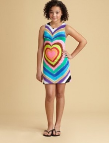 A colorful, tie-dye-inspired heart pattern is emblazoned on the front of this sweet knit style.Jewel necklineSleevelessA-linePull-on style85% rayon/15% spandexHand washImported A colorful, tie-dye-inspired heart pattern is emblazoned on the front of this sweet knit style.Jewel necklineSleevelessA-linePull-on style85% rayon/15% spandexHand washImported