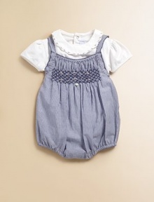 Classic stripes and a pretty smocked bodice add a splash of color to this charming bodysuit.Straight necklineStraps with back button closureSmocked bodiceBottom snapsCottonMachine washImported Please note: Number of snaps may vary depending on size ordered. Classic stripes and a pretty smocked bodice add a splash of color to this charming bodysuit.Straight necklineStraps with back button closureSmocked bodiceBottom snapsCottonMachine washImported Please note: Number of snaps may vary depending on size ordered.