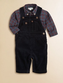 This essential set pairs a versatile corduroy overall with a preppy plaid button-down. Shirt Straight point, button-down collarLong sleeves with barrel cuffsButton-front Overall Adjustable shoulder strapsFront snapsSide snapsAngled hand pocketsSnap-flap coin pocketBack patch pocketsCottonMachine washImported Please note: Number of buttons may vary depending on size ordered. 