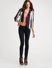 Cropped and tailored for a feminine fit, crafted from rich tie-dyed silk.Notch collarThree-quarter sleevesButton-down frontBodice dartsFlap pocketsAbout 22¾ from shoulder to hemSilkDry cleanMade in USA of imported fabric Cropped and tailored for a feminine fit, crafted from rich tie-dyed silk.Notch collarThree-quarter sleevesButton-down frontBodice dartsFlap pocketsAbout 22¾ from shoulder to hemSilkDry cleanMade in USA of imported fabric