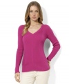 Lauren Ralph Lauren's sleek V-neck petite sweater with a delicate alternating diagonal ribbed pattern is a sophisticated staple for your cooler-weather wardrobe.