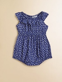 Pretty polka dots adorn this soft, sweet romper in a charming bubble shape.Wide elastic necklineFlutter sleevesPull-on styleElastic waistElastic leg openingsRayonMachine washImported Pretty polka dots adorn this soft, sweet romper in a charming bubble shape.Wide elastic necklineFlutter sleevesPull-on styleElastic waistElastic leg openingsRayonMachine washImported