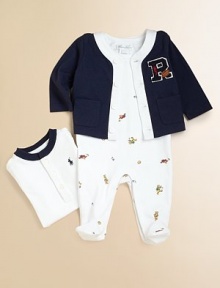 An adorable coordinating set, highlighted by a signature rugby bear print, features a preppy cardigan, tank coverall and Henley bodysuit. Cardigan V-neckLong sleevesButton frontPatch pockets Coverall CrewneckLong sleevesShoulder snapsBottom snaps Bodysuit Ribbed crewneckButton frontRing-snap closureCottonMachine washImported Please note: Number of buttons/snaps may vary depending on size ordered. An adorable coordinating set, highlighted by a signature rugby bear print, features a preppy cardigan, tank coverall and Henley bodysuit. Cardigan V-neckLong sleevesButton frontPatch pockets Coverall CrewneckLong sleevesShoulder snapsBottom snaps Bodysuit Ribbed crewneckButton frontRing-snap closureCottonMachine washImported Please note: Number of buttons/snaps may vary depending on size ordered.