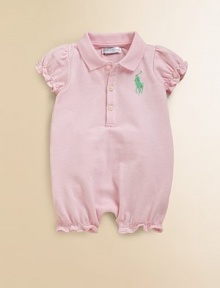 Ruffles adorn the seat of this cotton shortall, crafted in a cute bubble silhouette with classic polo elements for a preppy look.Ruffled stand collarShort puffed sleeves with elasticized, ruffle trimFront buttonsBottom snaps for easy on and offEmbroidered pony logoElasticized hemCottonMachine washImported Please note: Number of buttons/snaps may vary depending on size ordered. Ruffles adorn the seat of this cotton shortall, crafted in a cute bubble silhouette with classic polo elements for a preppy look.Ruffled stand collarShort puffed sleeves with elasticized, ruffle trimFront buttonsBottom snaps for easy on and offEmbroidered pony logoElasticized hemCottonMachine washImported Please note: Number of buttons/snaps may vary depending on size ordered.