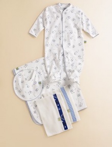 Baby's best friend scampers all over this pima cotton long sleeve sleeper. Snap front and legs Scallop trim Machine wash Imported