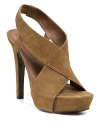 Start fall off on the right foot in these suede criss-cross sandals with a covered high heel and small platform.