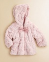 Pretty bow detail finishes this snug faux fur hooded design.HoodedFront zip closureDual seam pocketsFully linedPolyesterMachine washImported