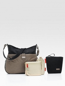 Tote around baby's must-haves in this stylish, sleek diaper bag that combines function with fashion.Adjustable shoulder strap, short 10 drop or long 20 dropTop zip closureOne open outside pocketFive open inside pocketsTwo insulated bags15W X 12H X 6DWipe cleanPolyurethaneImported Tote around baby's must-haves in this stylish, sleek diaper bag that combines function with fashion.Adjustable shoulder strap, short 10 drop or long 20 dropTop zip closureOne open outside pocketFive open inside pocketsTwo insulated bags15W X 12H X 6DWipe cleanPolyurethaneImported