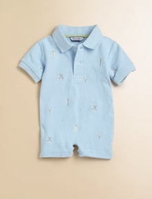 A classic polo shirt is transformed into a sporty one-piece with golf embroidery.Polo collarFront button placketBottom snapsCottonMachine washImported Please note: Number of snaps vary depending on size ordered. A classic polo shirt is transformed into a sporty one-piece with golf embroidery.Polo collarFront button placketBottom snapsCottonMachine washImported Please note: Number of snaps vary depending on size ordered.