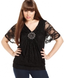 Look lovely in lace with ING's short sleeve plus size top, finished by an embellished neckline and banded hem. Look lovely in lace with ING's short sleeve plus size top, finished by an embellished neckline and banded hem.