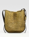 Intricately woven raffia in a roomy carryall finished with rich leather trim.Leather shoulder strap, 20 dropTop snap closure18W X 15¾H X 1DImported