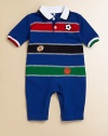 This handsome one-piece is crafted in plush cotton with embroidered baseballs for sporty style.Shirt collarShort sleevesButton frontBottom snapsCottonMachine washImported Please note: Number of buttons and snaps may vary depending on size ordered. 