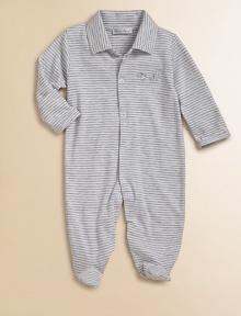 From the Nutkins collection, this striped pima cotton footie is ultra-cozy and ultra-cute with an adorable squirrel embroidery.Shirt collarLong sleeves with mitten cuffsFront snap closureBottom snaps94% pima cotton/6% polyesterMachine washImported Please note: Number of snaps may vary depending on size ordered. From the Nutkins collection, this striped pima cotton footie is ultra-cozy and ultra-cute with an adorable squirrel embroidery.Shirt collarLong sleeves with mitten cuffsFront snap closureBottom snaps94% pima cotton/6% polyesterMachine washImported Please note: Number of snaps may vary depending on size ordered.